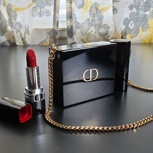 Limited Edition Dior Black Patent Minaudière with Gold Chain and Dior Lipstick